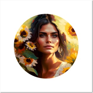 Beautiful feminine Portrait & flowers, Abstract Mexican Girl painting,  pretty woman Posters and Art